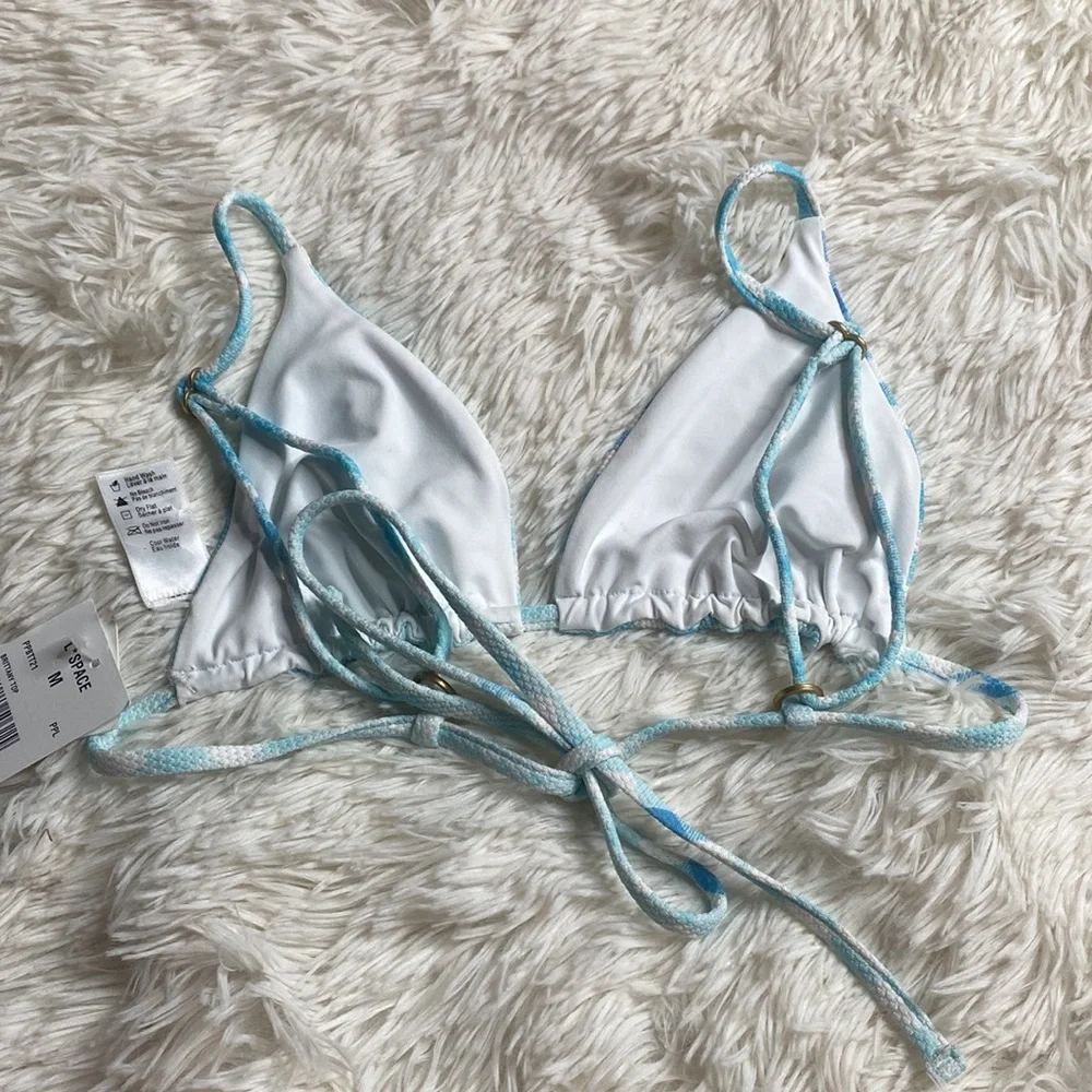 L Space by Monica Wise Blue White Checkered Bikini Swim Top Size Medium